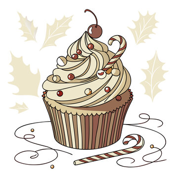 festive cupcake illustration with cherry topping and candy cane decorated for christmas