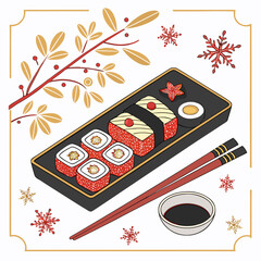 sushi platter with chopsticks and soy sauce festive illustration with winter foliage and snowflakes © sabrina1122