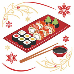 sushi platter with nigiri and maki rolls festive holiday floral decorations illustration © sabrina1122