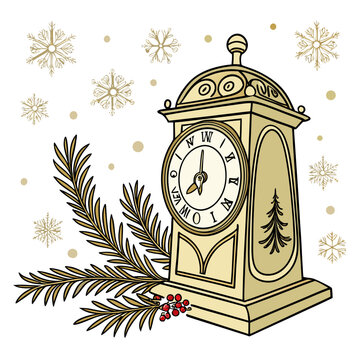 golden grandfather clock illustration with winter foliage snowflakes and festive holiday design