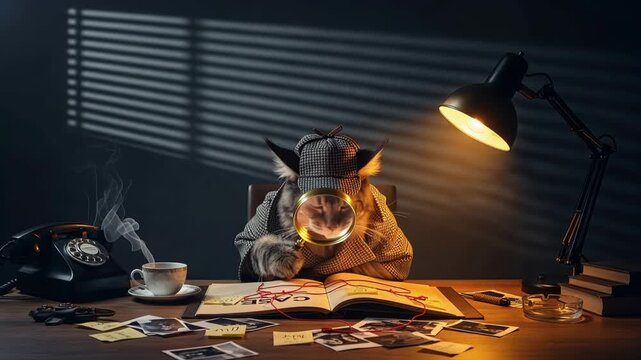 Cat Detective in Tweed Coat and Hat Examining Clues with Magnifier