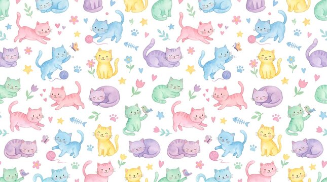 Cute Watercolor Kittens Seamless Pattern, Playful Cats, Flowers, Paw Prints, And Fishbones