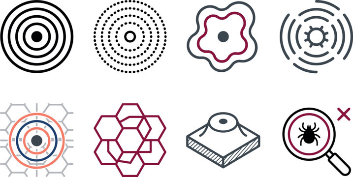 Tick Control and Lyme Disease Prevention Abstract Icon Set Featuring Bullseye Rashes Magnifying Glass Inspection Cellular Structures Targets and Parasite Protection Diagrams Vector