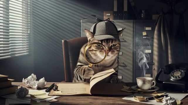 Funny Cat Detective in Plaid Hat Looking Through Magnifying Glass