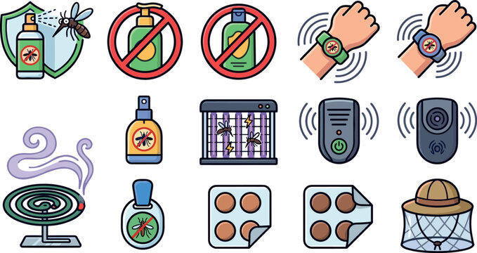 Mosquito Repellent and Insect Control Icon Set with Electronic Zapper Protective Hat Spray Wristbands Coil Patches and Ultrasonic Deterrent Equipment Vectors