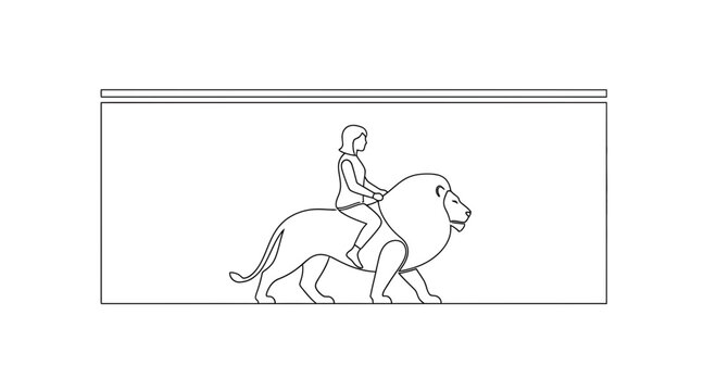 Woman Riding a Majestic Lion, Fantasy Creature, Mythological Beast, Line Art