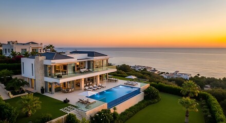 Fototapeta premium Luxury beachfront villa with pool at sunset