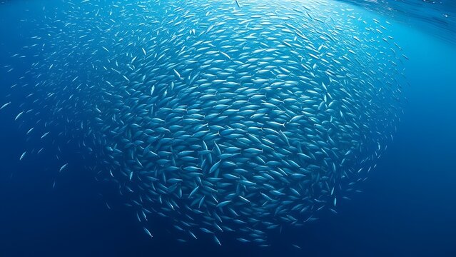 A massive, dense school of sardines forming a shimmering silver ball in deep blue water.