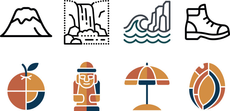 Jeju Island Korea Travel Line and Geometric Icon Set Featuring Dol Hareubang Statue Hallasan Mountain Waterfall Hiking Boot Tangerine and Beach Umbrella