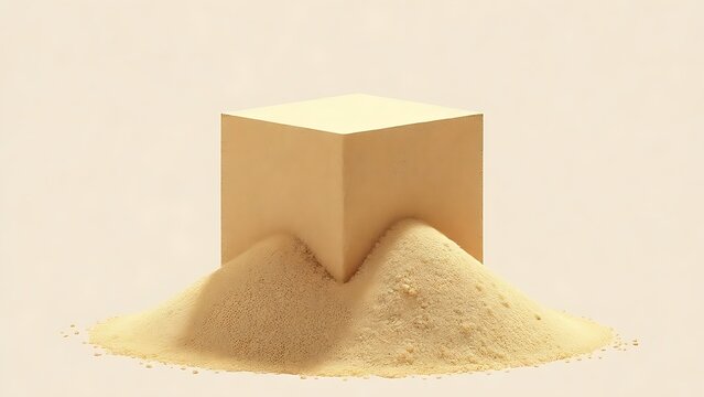 Geometric cube fragmenting into a uniform pile of fine sand, illustrating a process of decomposition.
