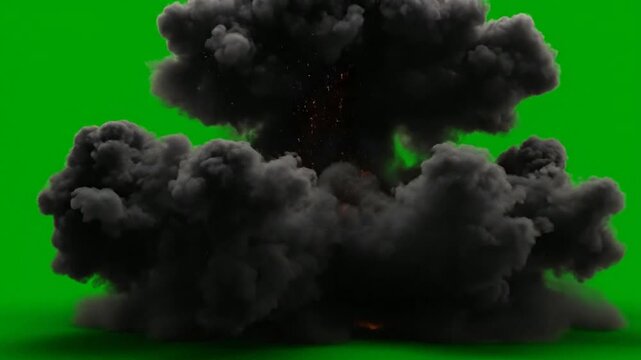 Mushroom cloud explosion on green screen.