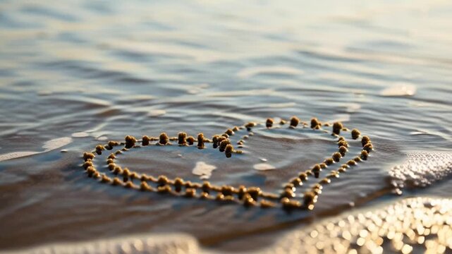 Rosary Beads on Sandy Beach with Ocean Waves at Sunset.