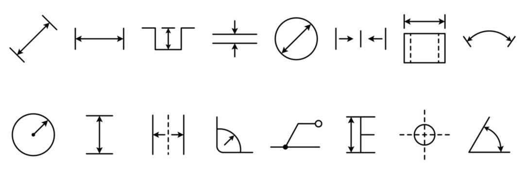 Measurement and dimension set vector icon collection with linear arrows for engineering drafting, industrial blueprint layout, geometric technical drawing symbols, scale distance indicators.