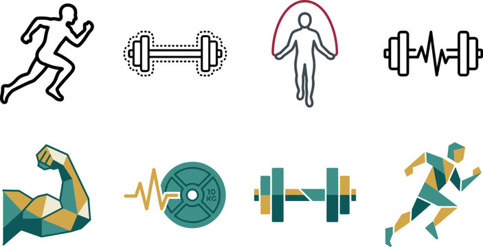 Fitness and Bodybuilding Gym Line Icon Set Featuring Running Man Dumbbell Barbell Plate Heartbeat Pulse Jump Rope and Low Poly Bicep Muscle