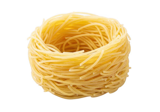 A single nest of raw capellini pasta shaped into a circular bundle, isolated on a solid black background, for culinary food