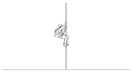 Obraz premium Adventurous person climbing a tall pole with backpack, one line drawing