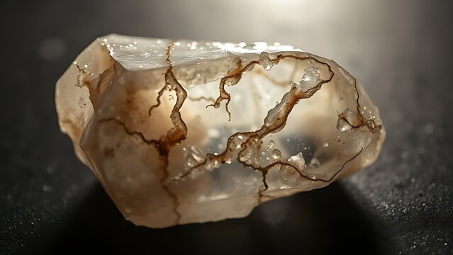 Raw natural crystal on dark surface, internal patterns lit by side light, macro detail.