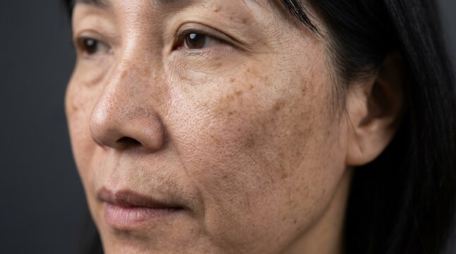 Middle aged woman with hyperpigmentation for skincare treatment