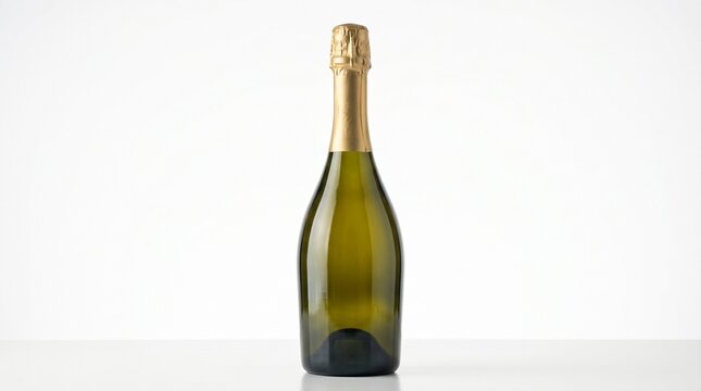 Elegant bottle of champagne with gold foil wrap on clean white background, luxury sparkling wine for celebration, wedding, and New Year party concept, studio lighting, minimalist.