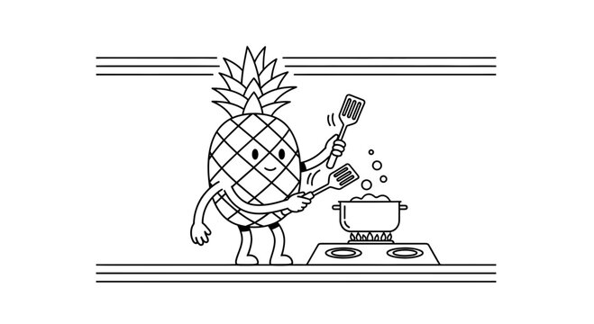 Funny pineapple character cooking food in a pot on a stove, cartoon style