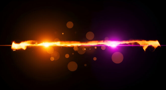Glowing abstract energy beam with bokeh effects on dark background futuristic light flare