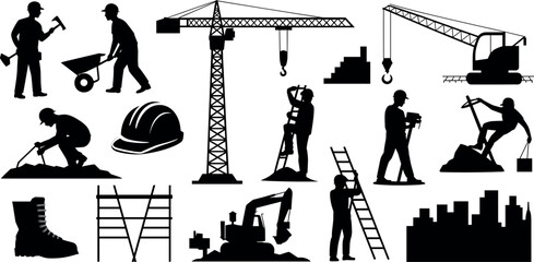 Construction site silhouette icons set with builders cranes excavators hard hats ladders and industrial workers for building development and civil engineering projects © MdAbdur