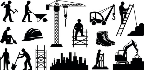 Construction site silhouette icons set with builders cranes excavators hard hats ladders and industrial workers for building development and civil engineering projects © MdAbdur