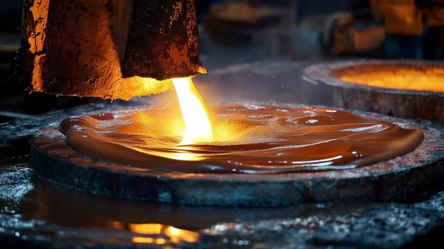 Metal pouring process in foundry showing molten metal being cast in large molds
