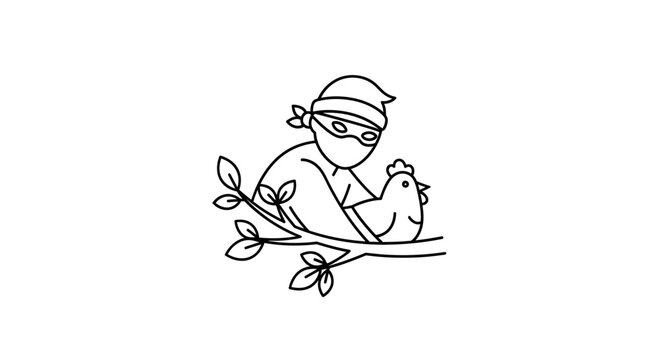 Ninja Stealing Chicken from Tree Branch - Funny Cartoon Line Art