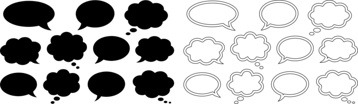 comic speech bubbles and cloud thought balloons set: black silhouettes and gray outline vector icons