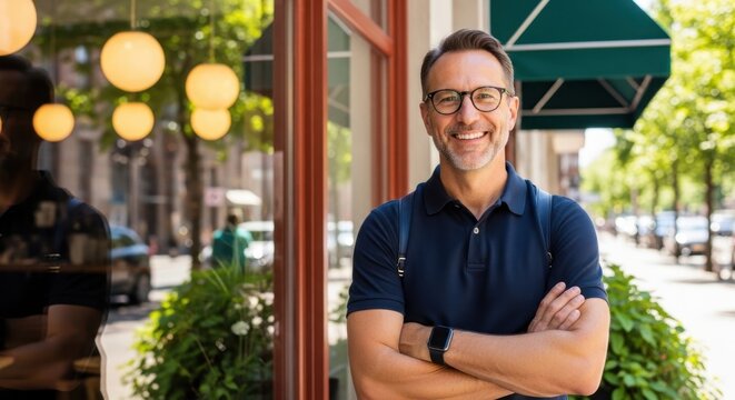 Smiling Man with Arms Crossed Standing on Sunny City Sidewalk Outside Cafe Storefront, Confident Portrait