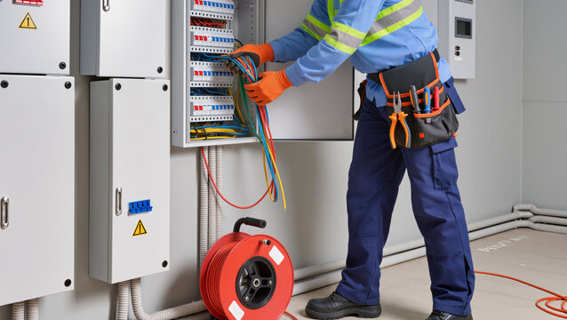 Electrician Wiring a Breaker Box
Professional Electrical Panel Service
Technician with Screwdriver at Work
Testing Circuitry with Multimeter
Maintenance Worker on Step Ladder
Organizing Cables