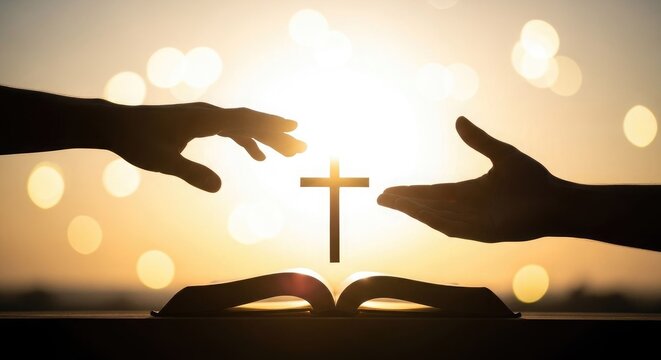 Silhouette of hands reaching for a cross on a holy book at sunset