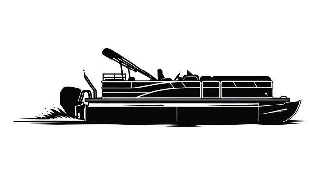 Pontoon boat on water detailed black and white silhouette
