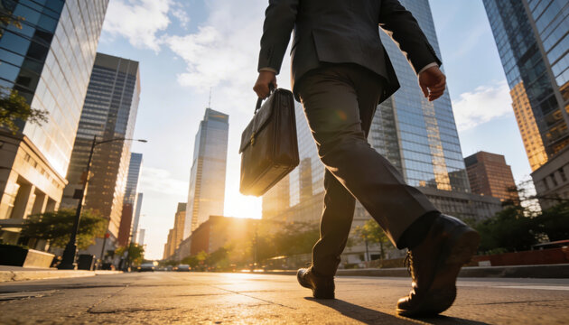 Businessman walking city street with briefcase reentry employment concept