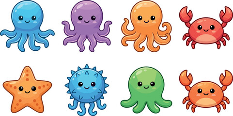Cute kawaii ocean animals set featuring colorful octopus crab starfish and sea creature characters perfect for kids sticker and vector illustration collection © MdImran