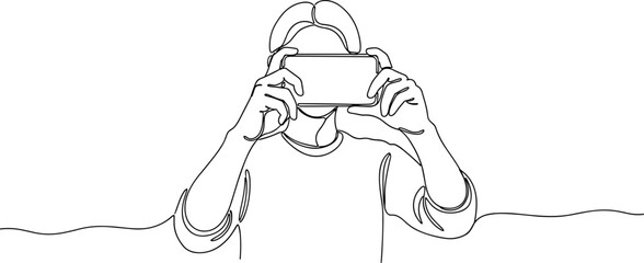 Fototapeta premium One line drawing of person holding smartphone horizontally, capturing a photo or video.