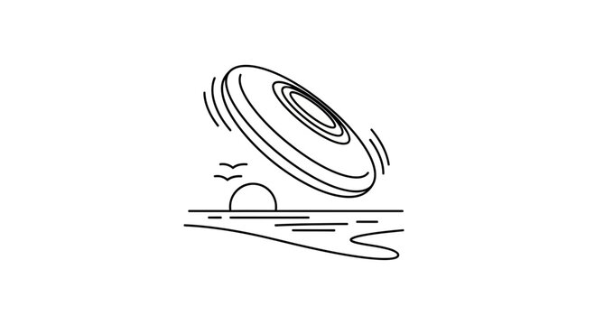 Frisbee Flying Over Sunset Beach with Seagulls, Minimalist Line Art