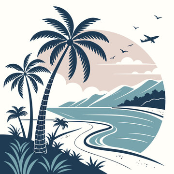 Stylized tropical beach logo with palm trees mountain backdrop and airplane flying over sea