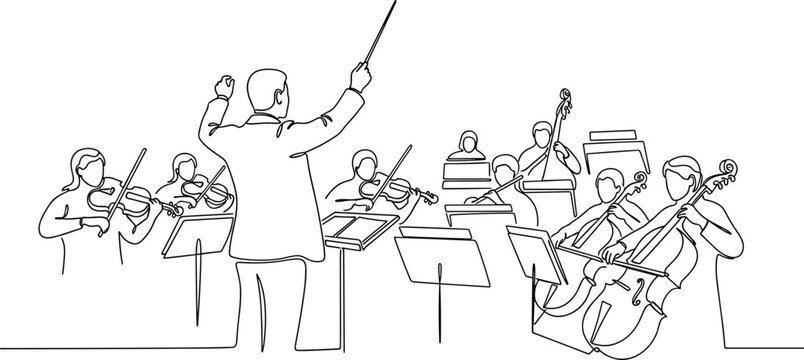 Orchestra Conductor Leading Musicians Playing String Instruments, Continuous Line Art