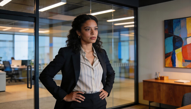 Confident businesswoman in office preparing for reentry to employment with determination and focus