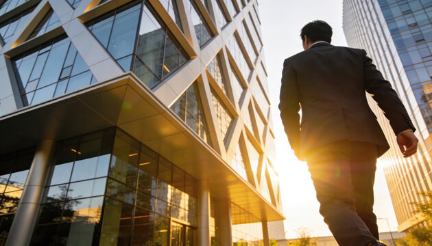 Businessman walking outside modern office building with sunlight shining for reentry and employment success