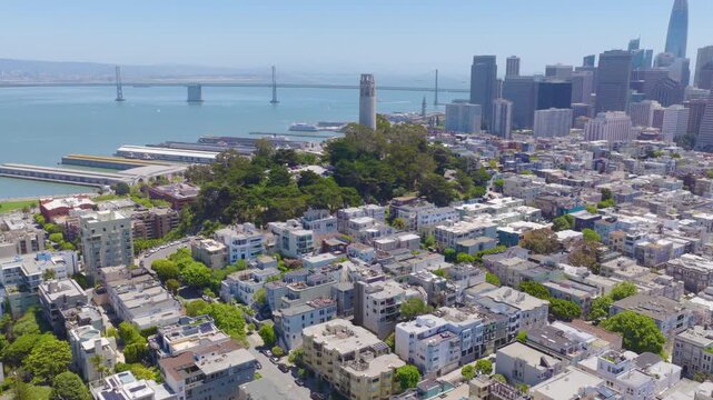 San Francisco Telegraph Hill Aerial Pullback With Coit Tower and Skyline