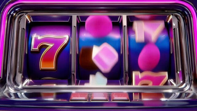 Watch the slot machine spin with winning symbols appearing on the reels in a colorful setting filled with lights