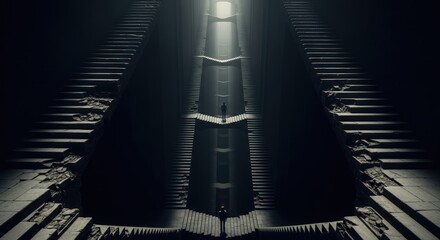 Naklejka premium A solitary figure stands on a platform in a vast, dark, and symmetrical architectural space with multiple ascending staircases leading towards a bright light above.