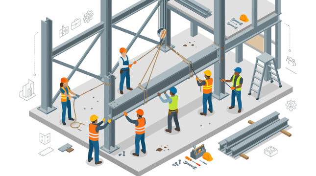 Construction workers building a steel frame structure on a job site.