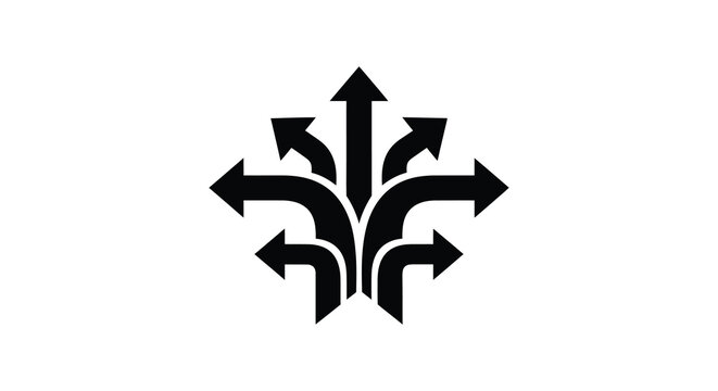 Multiple arrows diverging from a central point black silhouette