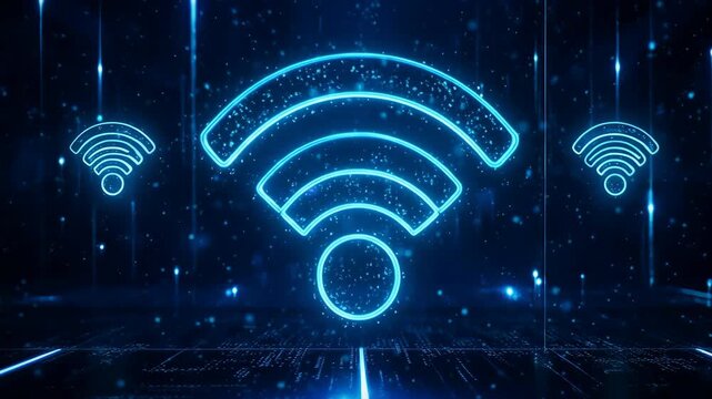 Glowing WiFi symbols, data lines