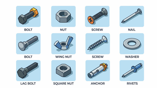 Detailed Illustration of Various Fasteners and Hardware Components.