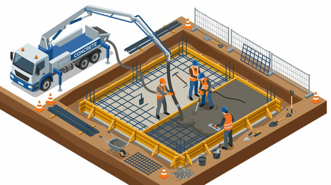 Construction workers pouring concrete foundation with pump truck.